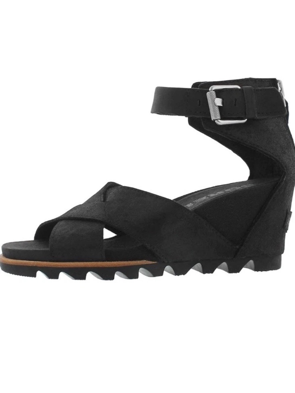 Sorel Joanie 2 Black Women's Ankle-Strap Wedge Sandals Criss Cross Leather